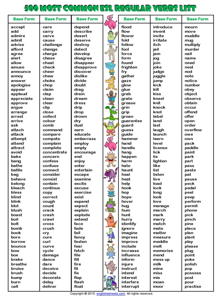 500 Most Common Esl Regular Verbs List Pdf | Pdf