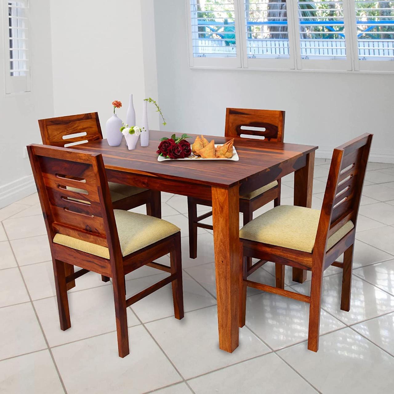 Sb Furniture Solid Sheesham Wood Dining Table 4 Seater | Wooden Dining Set 4  Seater | Dining Table Set With 4 Cushions Chairs | Honey Finish | Dining  Room Sets |4 Seater