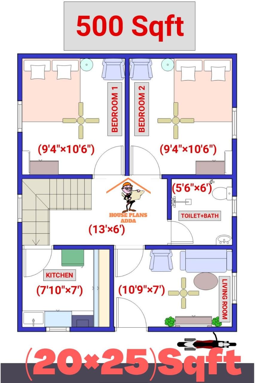 Small House Plan Idea 500Sqft | Small House Design Floor Plan, 2Bhk House  Plan, Budget House Plans