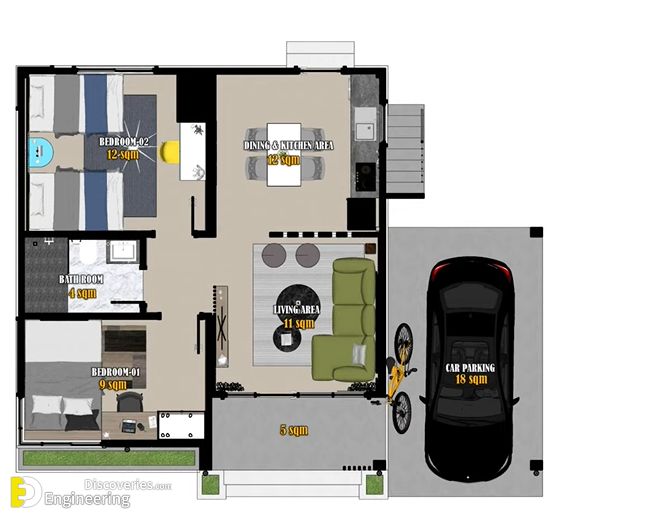 60 Sqm Small House Design 7.60M X 7.80 M With 2-Beds - Engineering  Discoveries | Small House Layout, Loft House Design, Small House Design