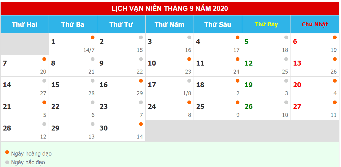 Xem Ngày Đẹp Tháng 9 Năm 2020 - Vntrip.Vn