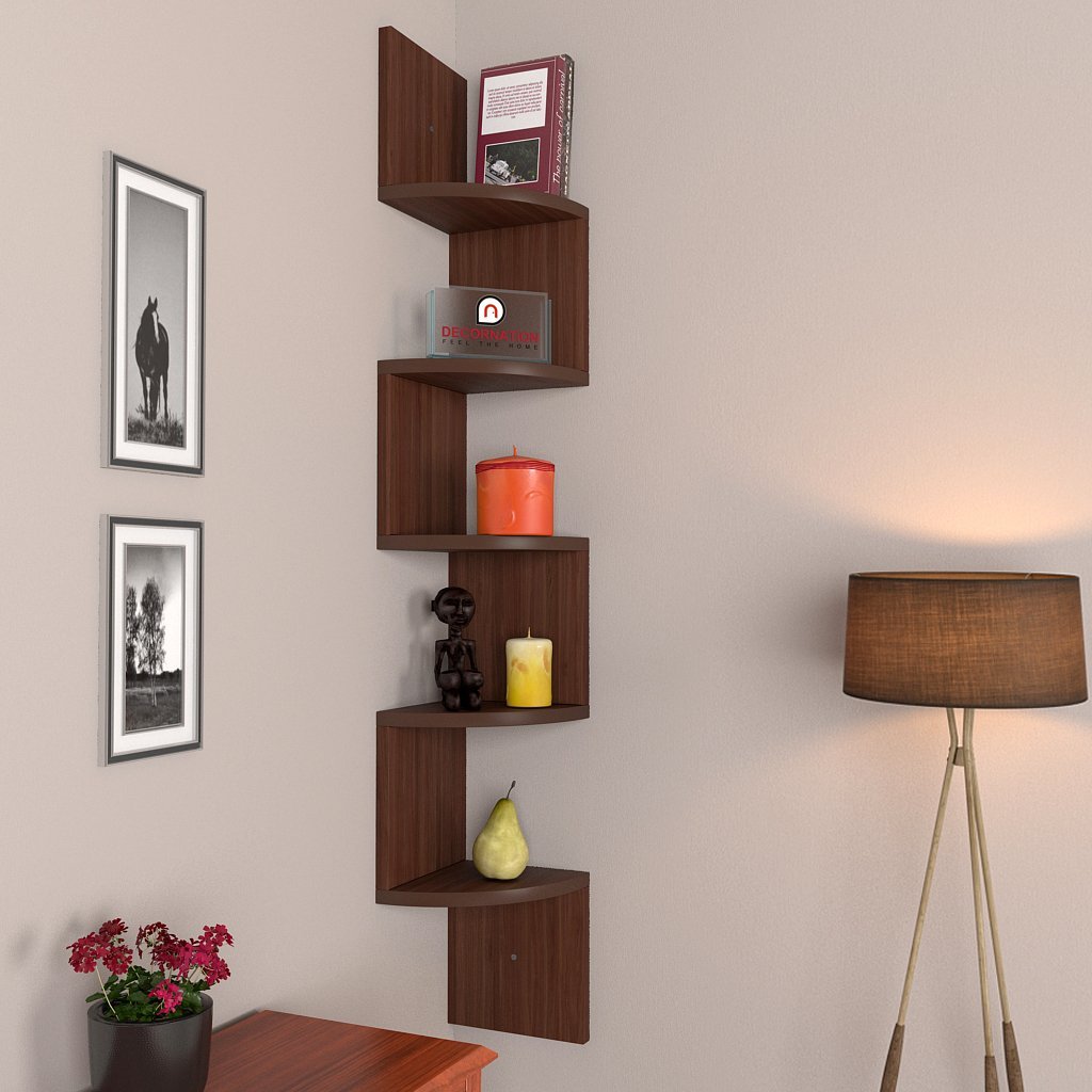 Corner Shelf Zigzag Shape 5 Curved Shelves - Rich Walnut